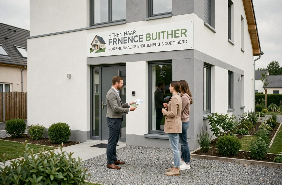 Conseiller commercial de Maisons France Confort Hexaom présentant une maison neuve à un couple
