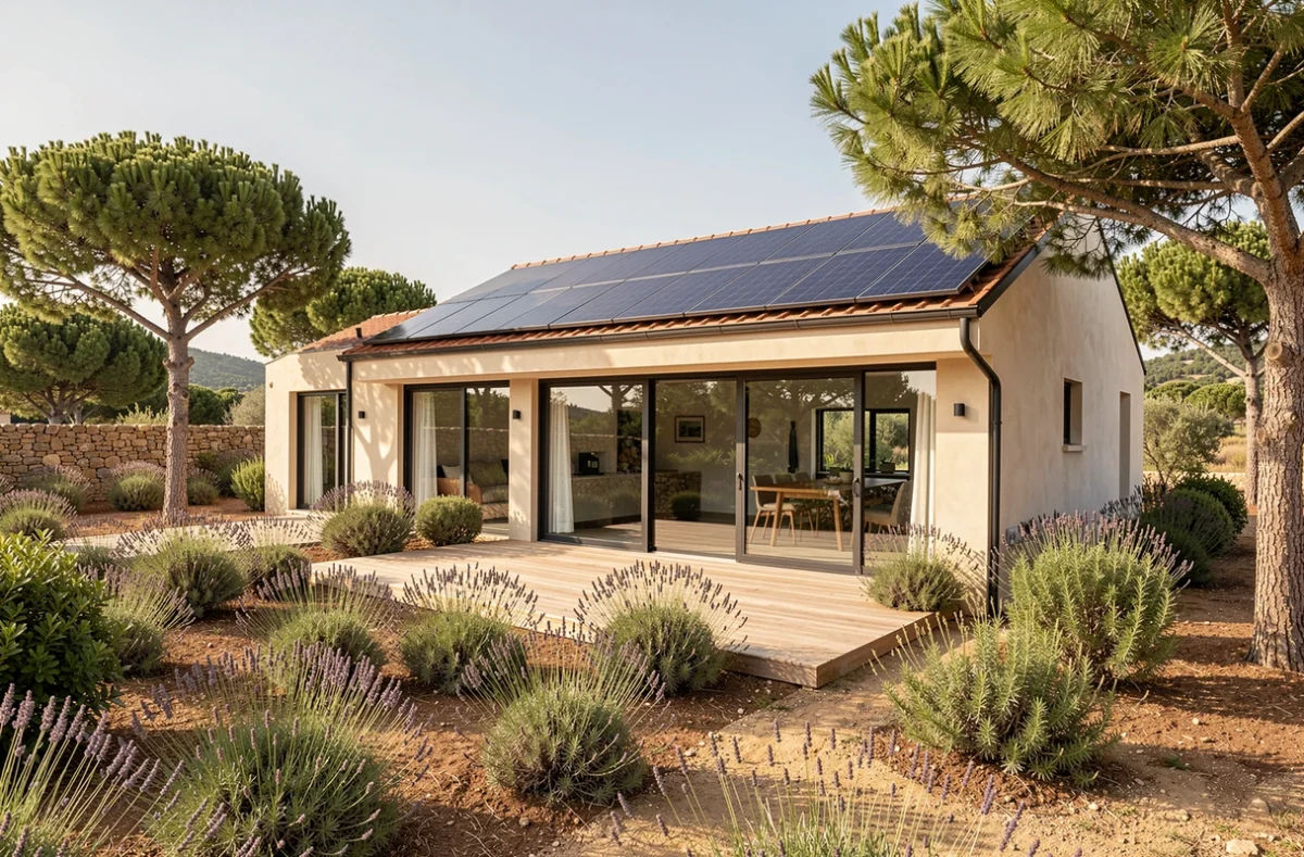Maison individuelle bioclimatique Maisons MCA avec panneaux solaires et terrasse en bois en Corse