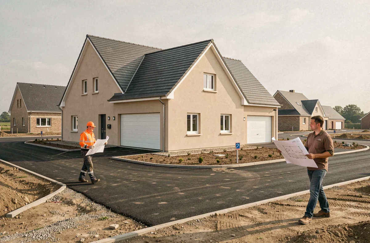 Chef de projet MTLF accompagnant un couple dans un lotissement de maisons individuelles neuves