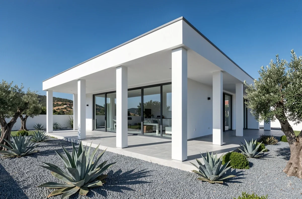 Maison phénix contemporaine à toit plat avec terrasse ombragée et jardin méditerranéen en Corse