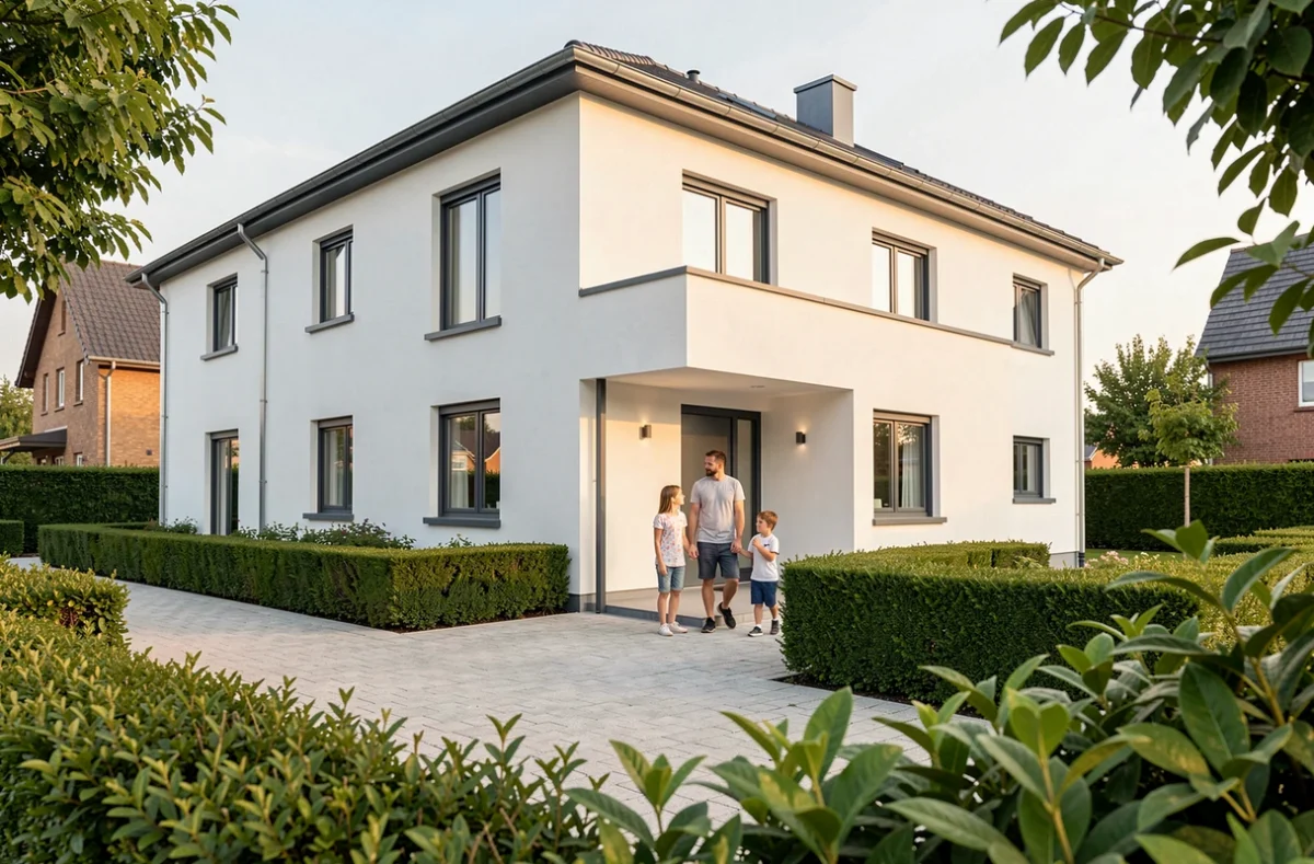 Famille devant une maison individuelle neuve construite par Maisons Pierre dans le nord de la France