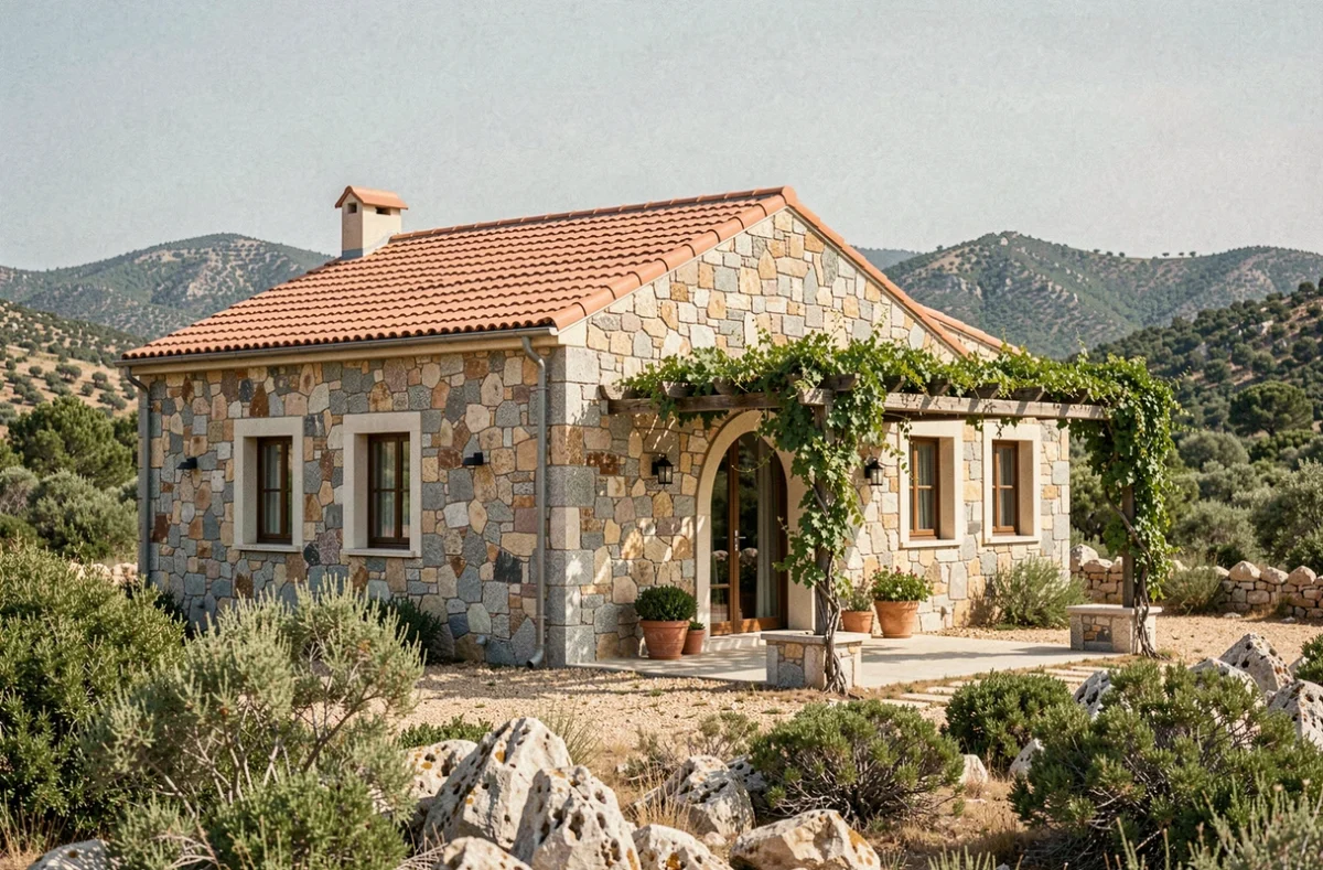 Maison en pierre de granit corse construite par Maisons Pierre avec pergola en bois et végétation méditerranéenne