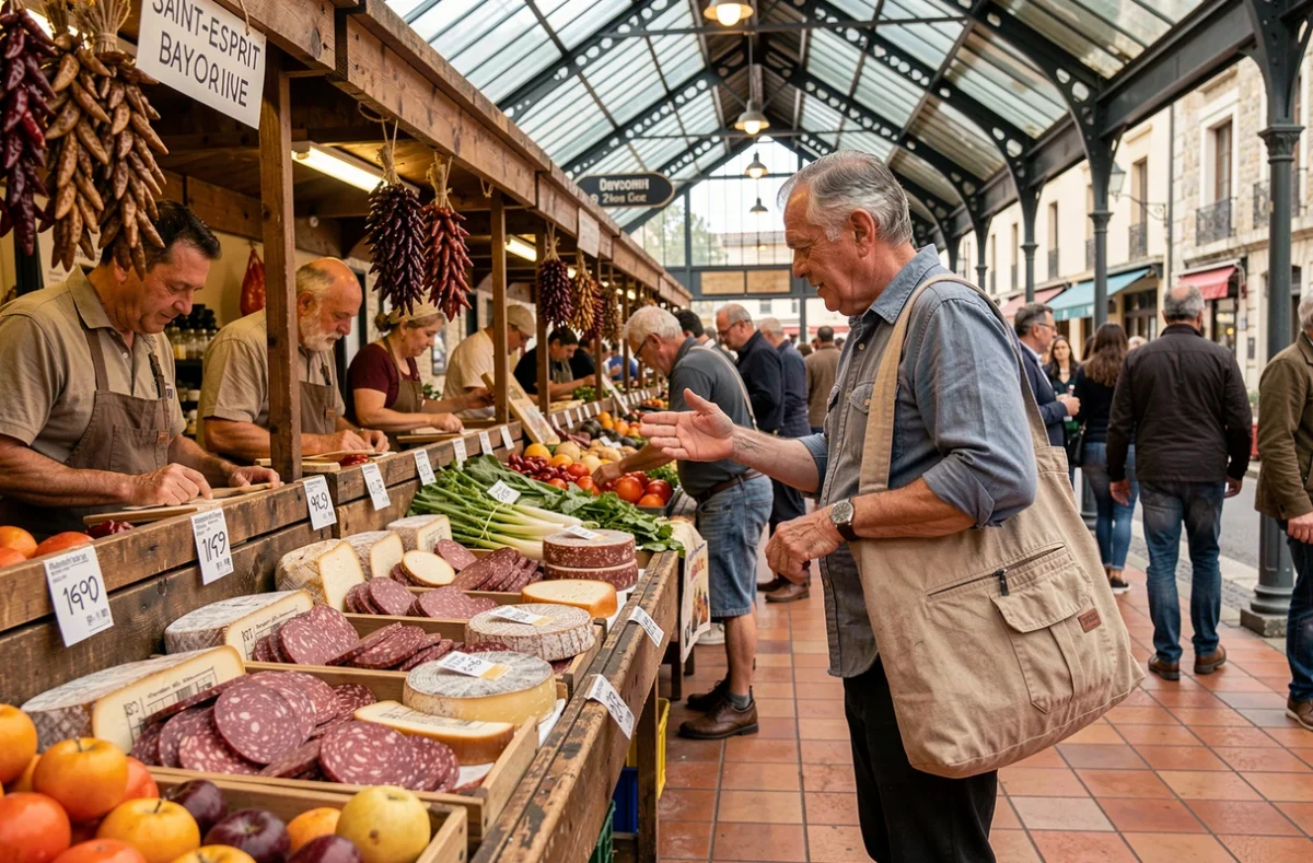 Homme discutant avec un vendeur au marché couvert du quartier Saint-Esprit à Bayonne