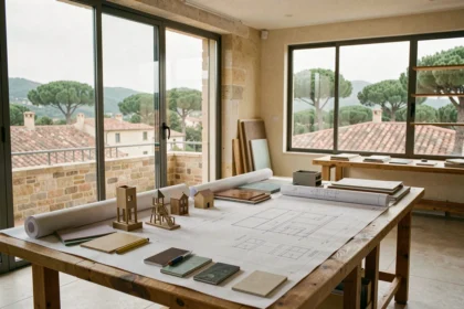 Studio d'architecture dans le Var avec plans et maquettes sur une grande table de travail, vue sur un paysage méditerranéen