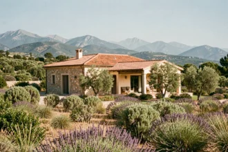 Vue d'ensemble d'une maison individuelle moderne construite en Corse avec le maquis et les montagnes en arrière-plan