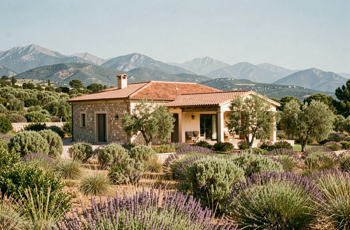 Vue d'ensemble d'une maison individuelle moderne construite en Corse avec le maquis et les montagnes en arrière-plan