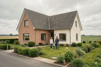 Maison individuelle neuve dans les Hauts-de-France avec famille devant la façade en brique