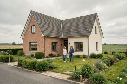 Maison individuelle neuve dans les Hauts-de-France avec famille devant la façade en brique