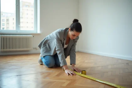 Femme mesurant la superficie d'un appartement vide avec un mètre ruban sur parquet