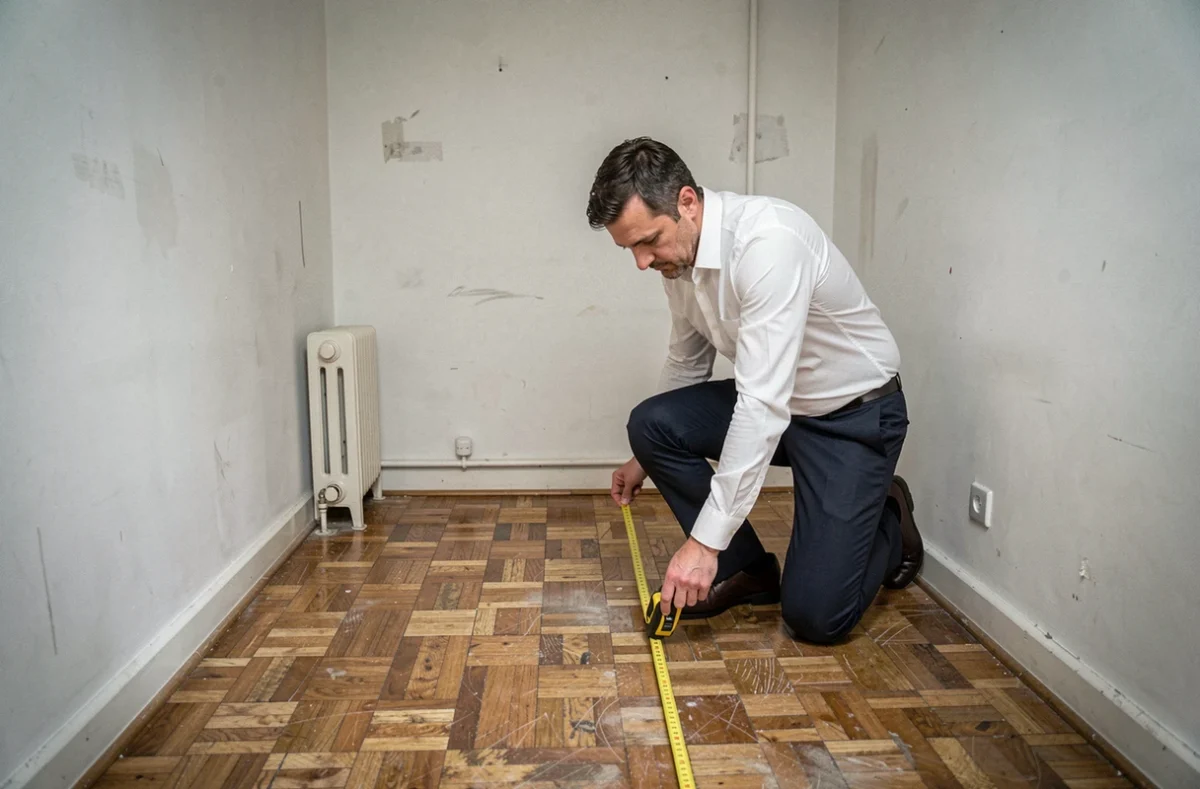 Agent immobilier mesurant la superficie d'une petite chambre non conforme aux normes de surface habitable