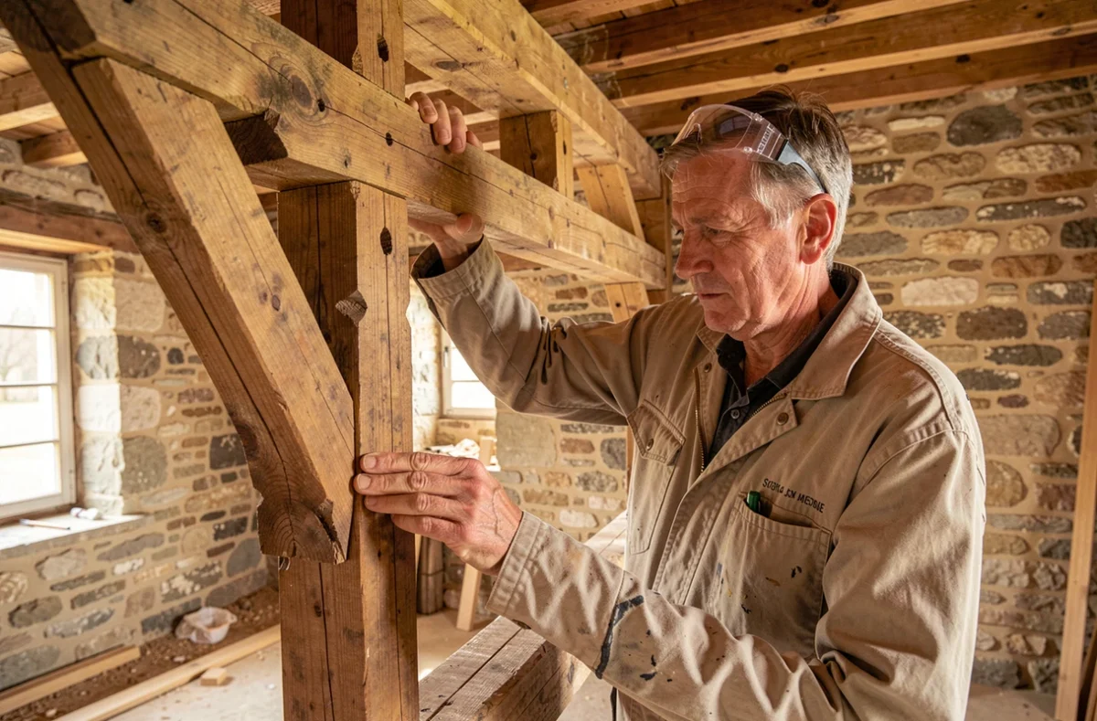 Charpentier de MHCHARPENTE inspectant une structure en bois traditionnelle dans une ferme provençale en rénovation