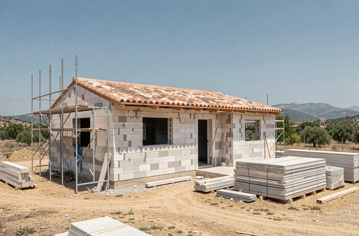 Chantier de maison individuelle en auto-construction Mikit en Corse avec structure en parpaings et toiture posée