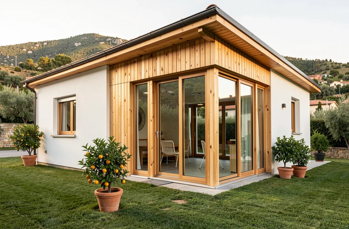 Maison individuelle à ossature bois Natilia avec grandes baies vitrées et terrasse donnant sur les collines corses