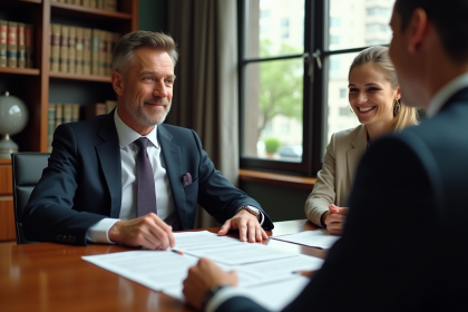 Notaire aidant un couple avec documents hypothécaires