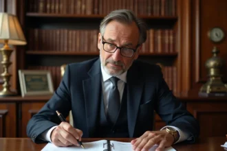 Notaire à Limoges cochant une clause sur un document de vente immobilière dans un bureau traditionnel