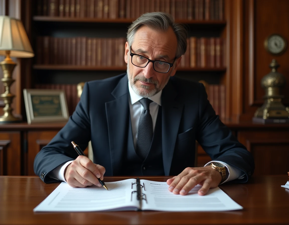 Notaire à Limoges cochant une clause sur un document de vente immobilière dans un bureau traditionnel