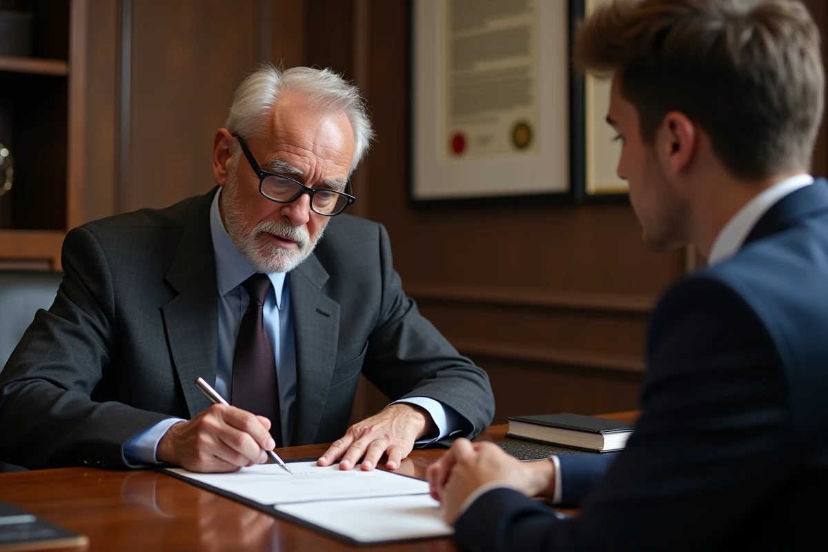 Notaire et acheteur signant un acte de vente immobilier dans un bureau notarial avec documents juridiques sur la table