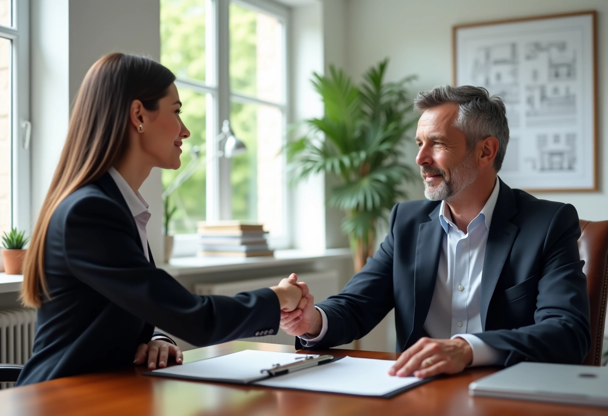 Notaire remettant des documents à une cliente dans un bureau