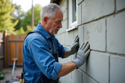 Ouvrier appliquant de l'enduit sur un mur extérieur en parpaings
