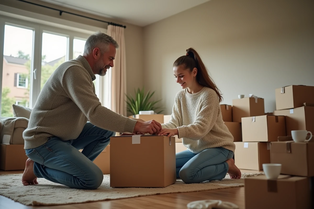 Père et fille emballant des cartons dans un salon en pleine préparation de déménagement
