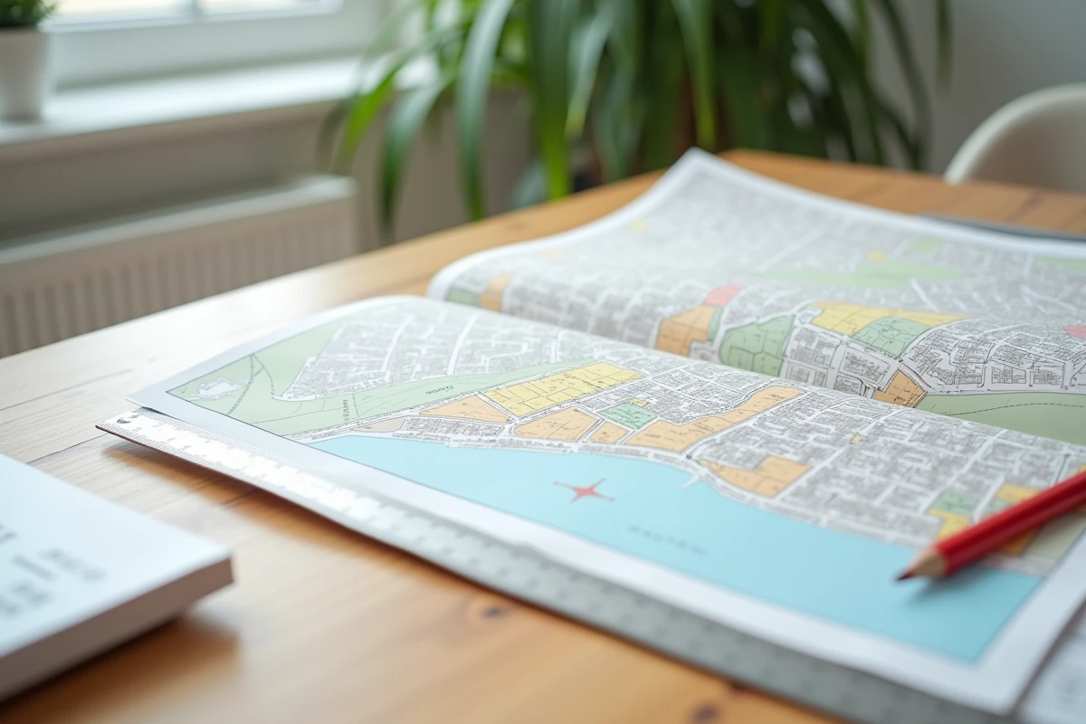 Document PLU et carte cadastrale sur un bureau pour vérifier les règles de clôture en limite de propriété