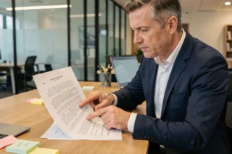 Professionnel en costume marine analysant une clause de révision dans un contrat commercial, doigt pointé sur le document imprimé dans un bureau moderne