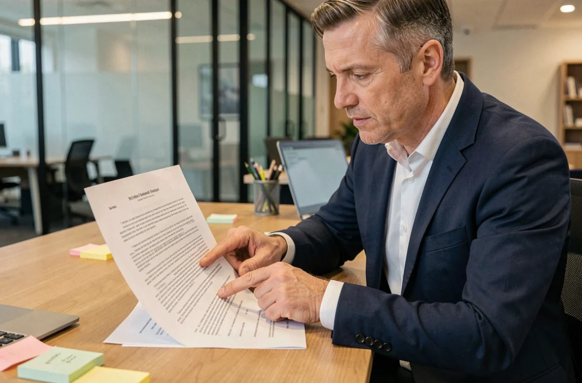 Professionnel en costume marine analysant une clause de révision dans un contrat commercial, doigt pointé sur le document imprimé dans un bureau moderne
