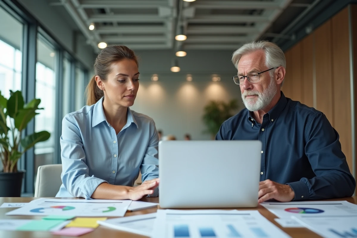 Deux professionnels de l'immobilier discutant des changements réglementaires TIMIM 2026 autour d'un tableau de bord de gestion