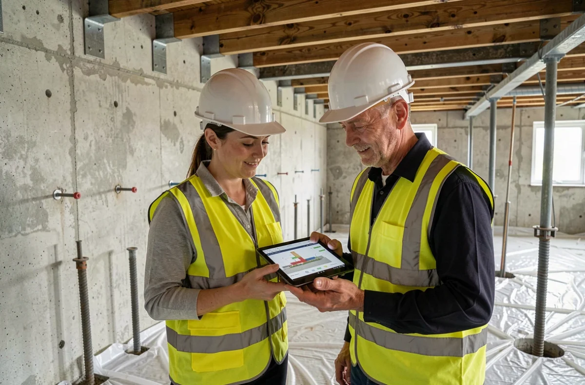 Deux professionnels du bâtiment examinant les travaux de reprise en sous-œuvre dans un sous-sol en rénovation