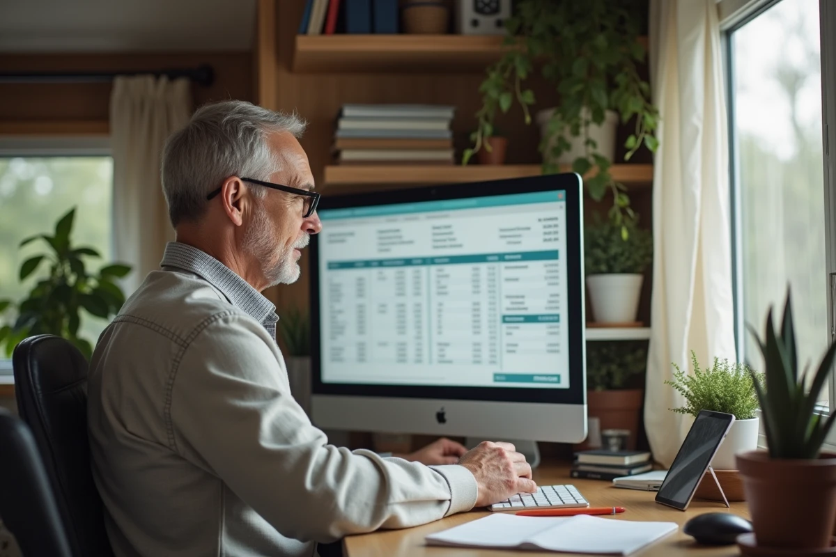Propriétaire de parcelle PRL analysant les frais annuels et les charges sur un bureau dans un mobil-home