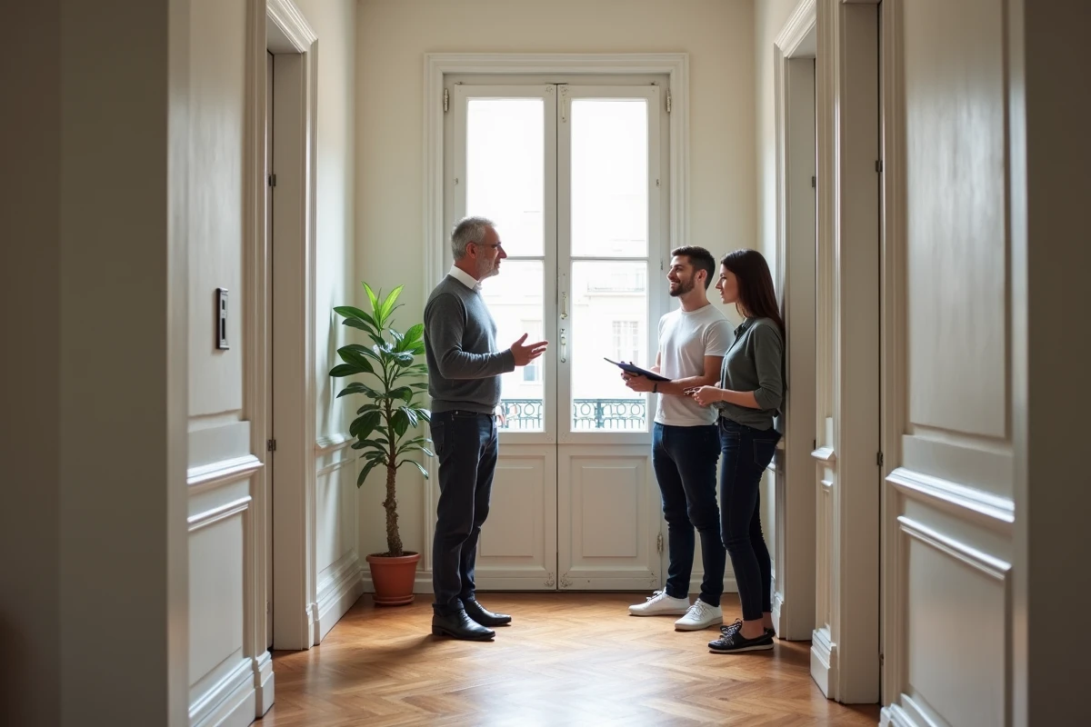 Propriétaire bailleur présentant un appartement en location à de futurs locataires