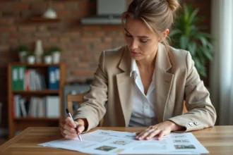 Propriétaire immobilière consultant des documents de gestion locative à son domicile