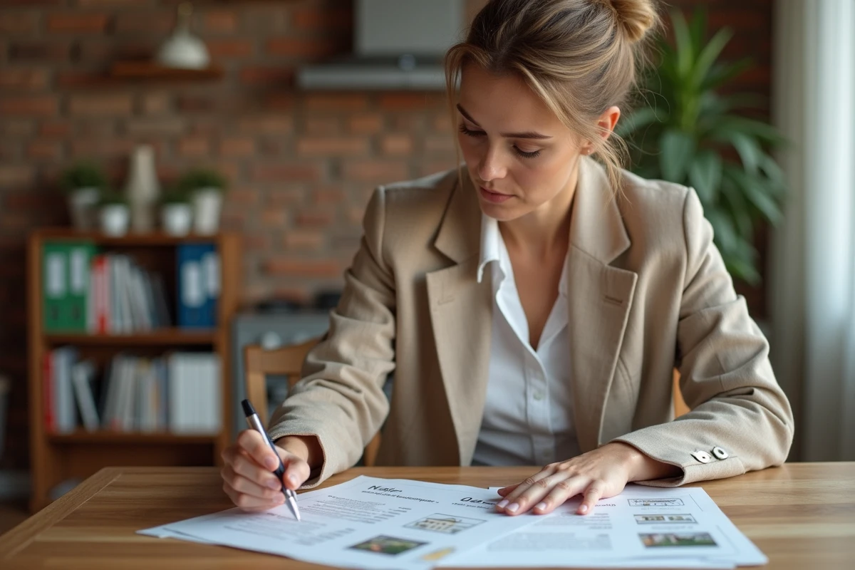 Propriétaire immobilière consultant des documents de gestion locative à son domicile