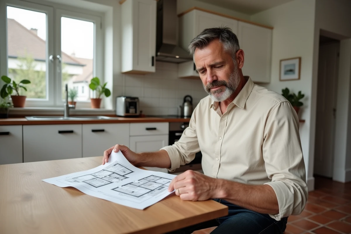 Propriétaire examinant les documents de vente immobilière à la cuisine de sa maison
