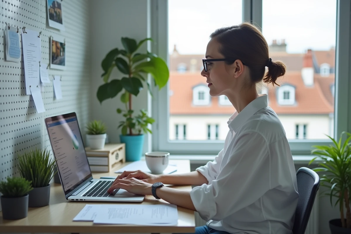 Propriétaire immobilière utilisant un logiciel de gestion locative en ligne sur son ordinateur