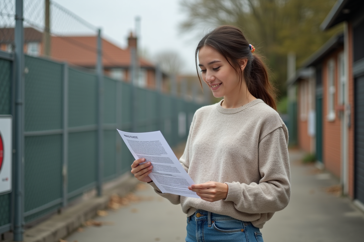 Jeune propriétaire vérifiant un avis légal en extérieur