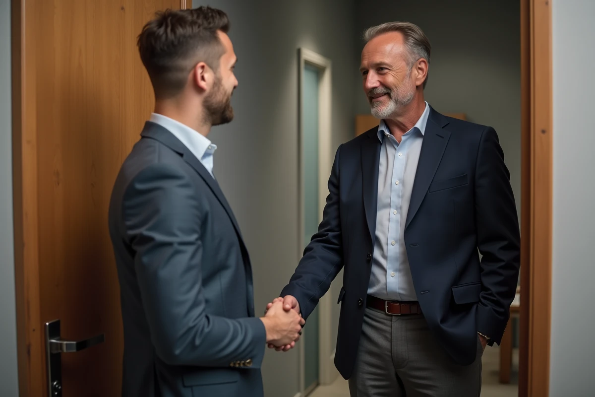 Proprietaire et locataire se serrant la main dans un couloir