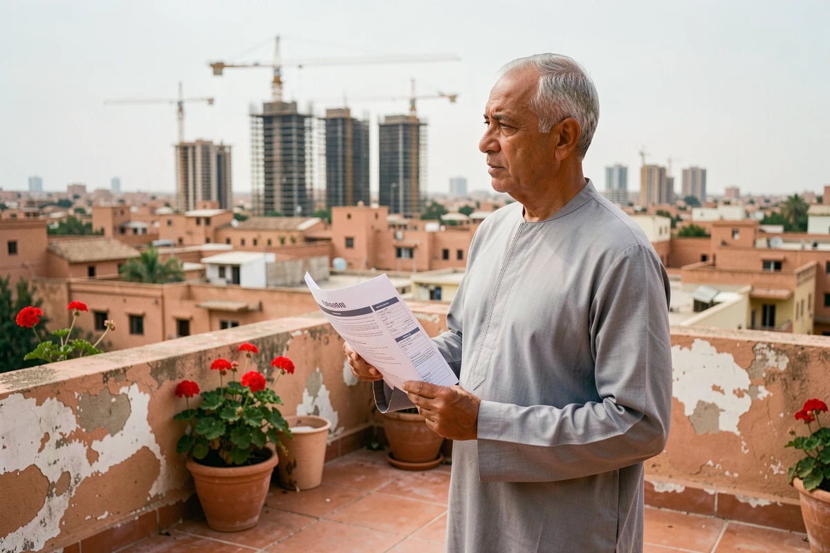 Propriétaire marocain sur une terrasse cherchant à vendre son appartement ancien face aux nouveaux programmes immobiliers de Marrakech
