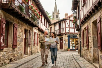 Couple se promenant dans les ruelles pavées du Vieux Bayonne avec façades basques traditionnelles