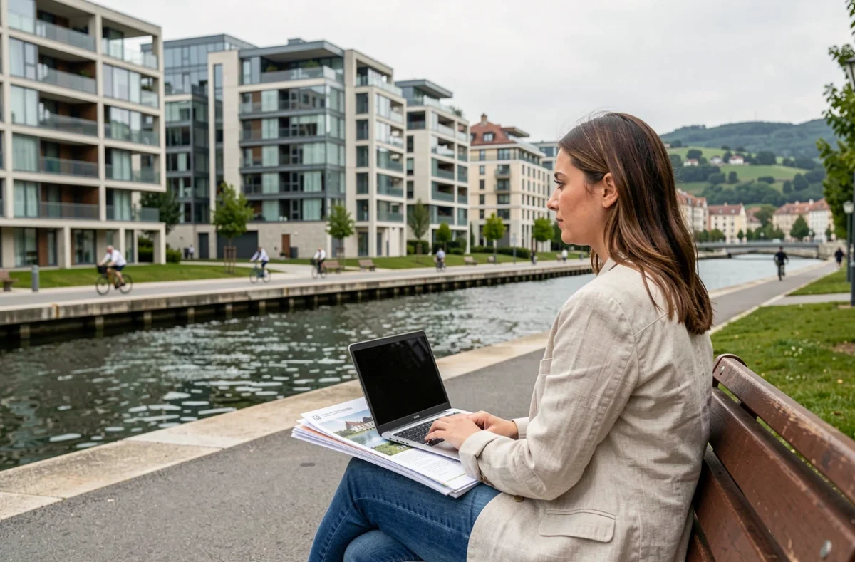 Femme consultant des brochures immobilières au bord de l'Adour dans un quartier moderne de Bayonne