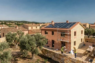 Vue large d'un quartier résidentiel des Bouches-du-Rhône avec des maisons en cours de rénovation énergétique, panneaux solaires sur les toits et ouvriers au travail