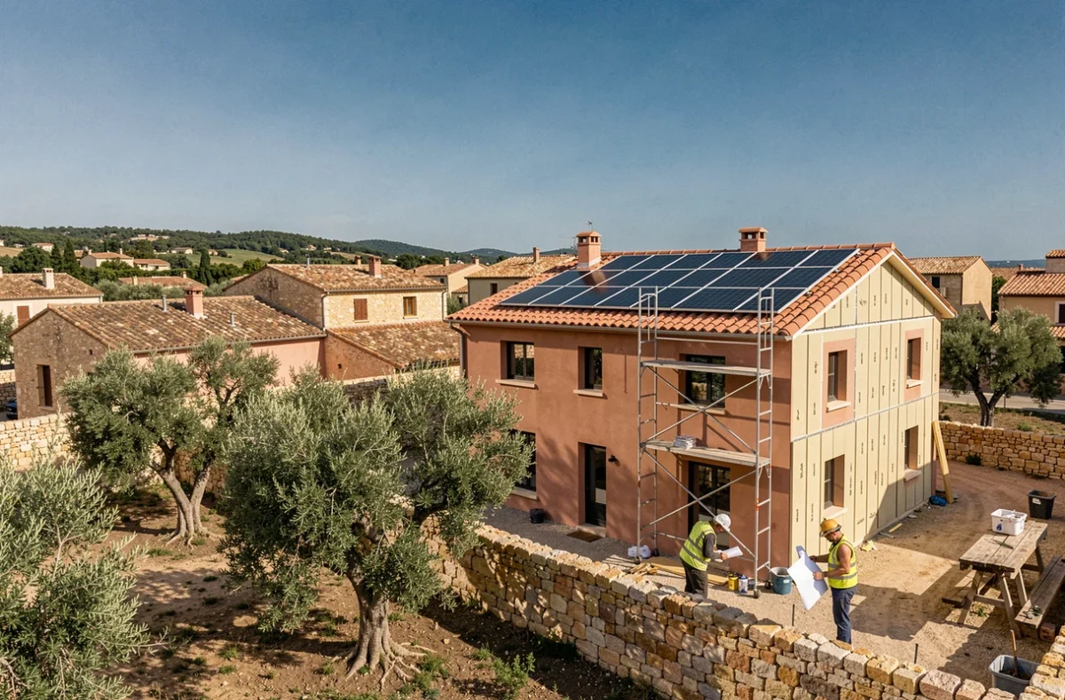 Vue large d'un quartier résidentiel des Bouches-du-Rhône avec des maisons en cours de rénovation énergétique, panneaux solaires sur les toits et ouvriers au travail