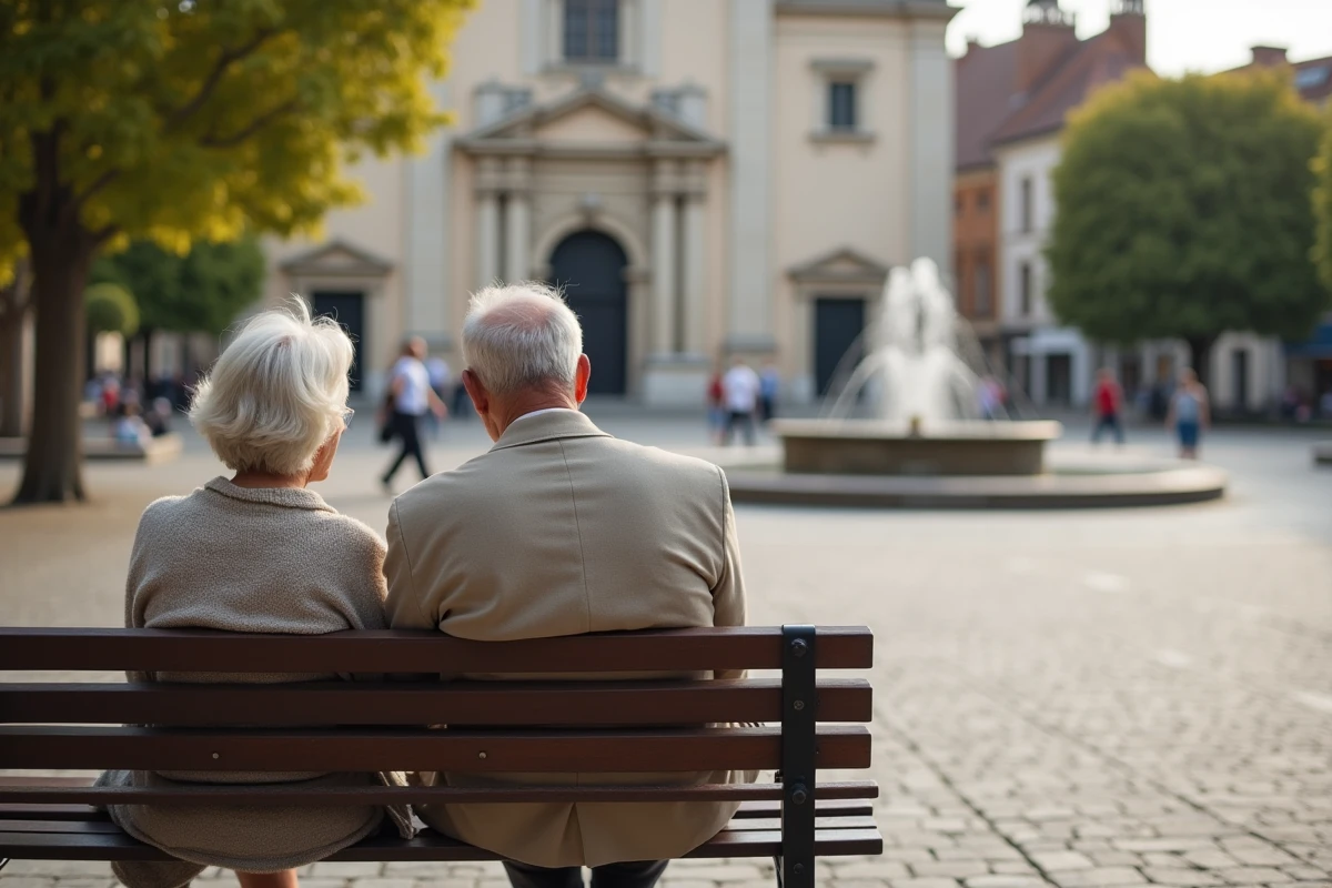 Couple de retraités assis sur un banc de la place centrale de Brive-la-Gaillarde en train d'observer leur quartier