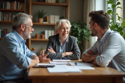 Trois adultes discutent autour de documents juridiques
