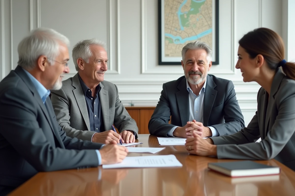 Couple rencontrant une notaire pour une estimation de maison dans le cadre d'une donation ou d'une succession