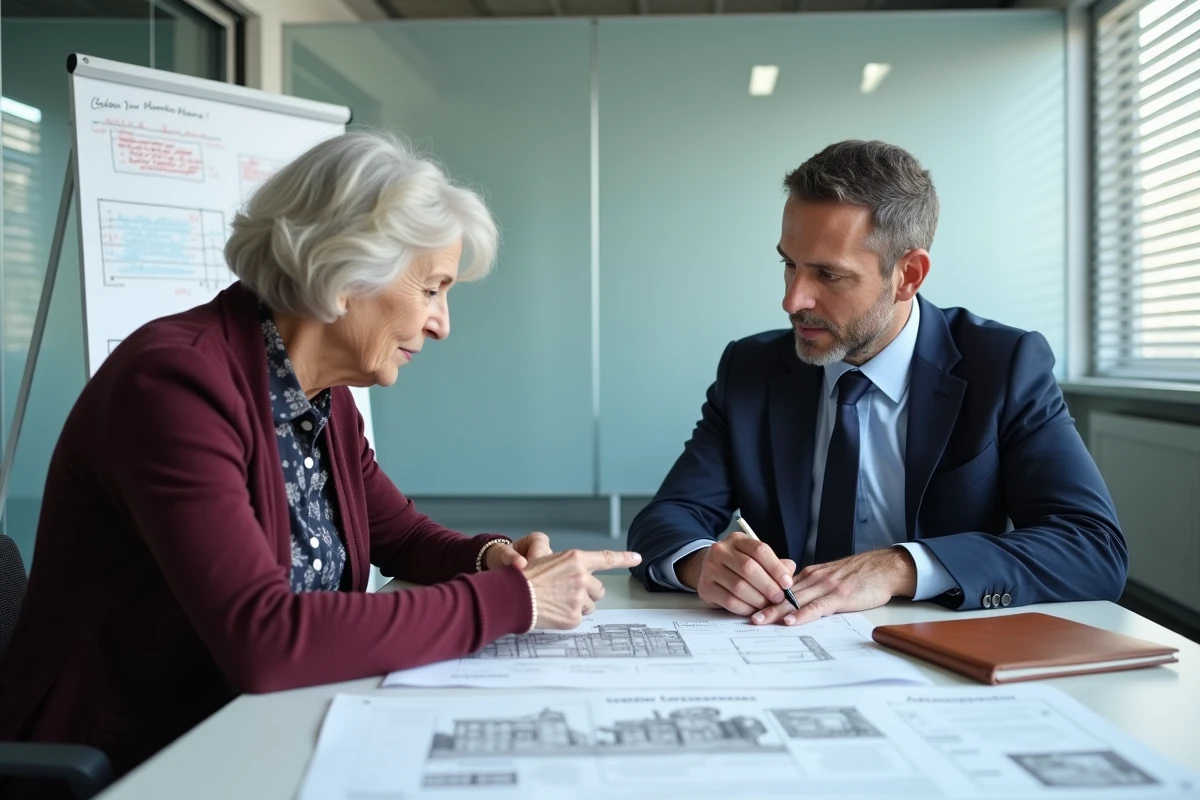 Conseiller urbaniste et propriétaire en réunion pour résoudre un problème de DAACT jamais déposée et éviter des pénalités