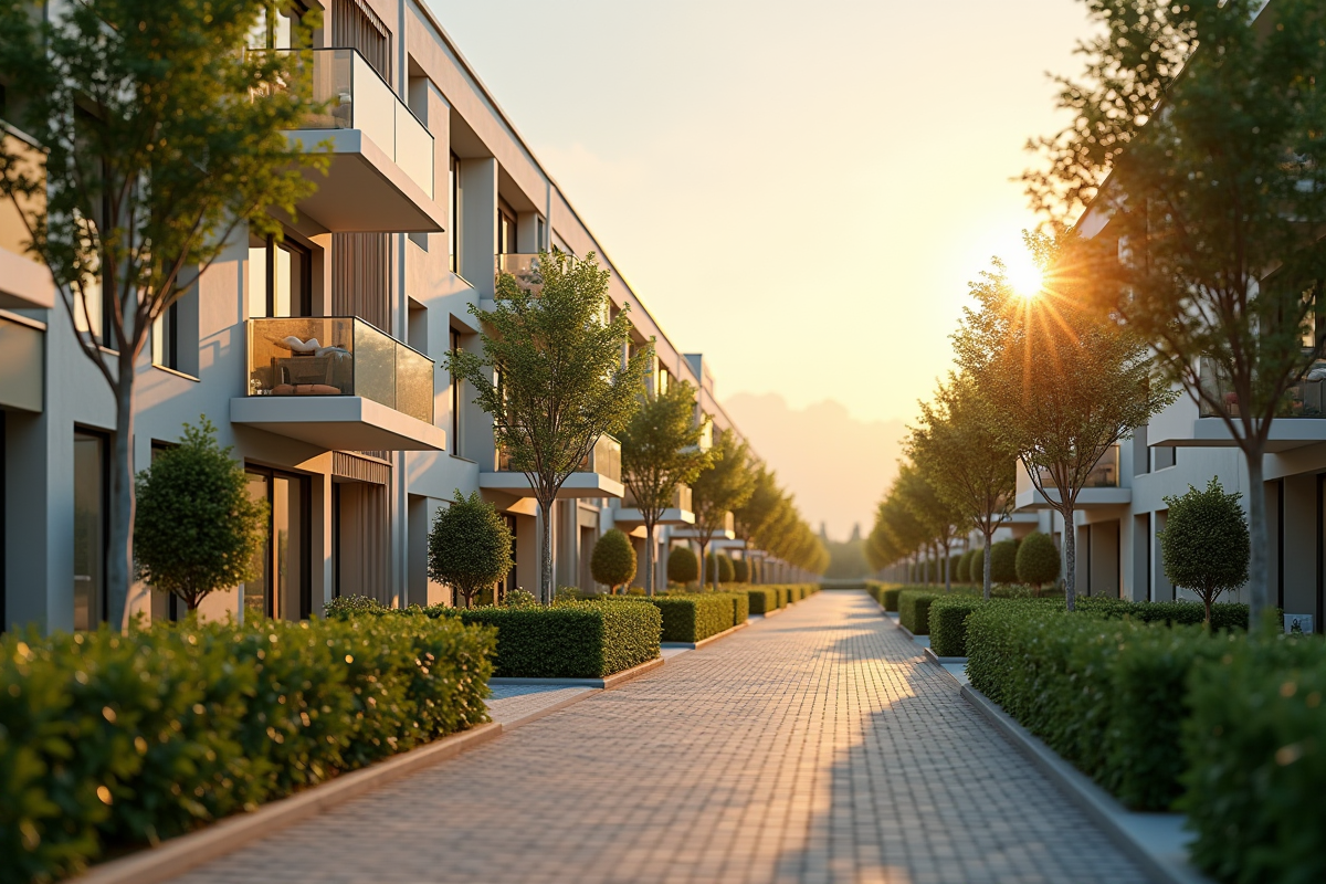 Rue calme à Ambilly avec appartements neufs et verdure en fin d après-midi