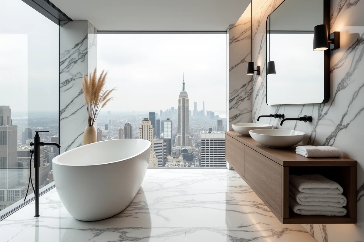 Salle de bain de penthouse avec baignoire îlot en pierre, marbre Calacatta et vue panoramique