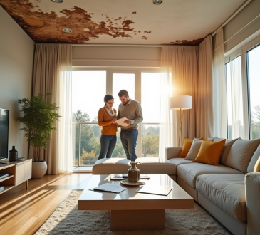 Salon moderne avec des traces d'humidite au plafond
