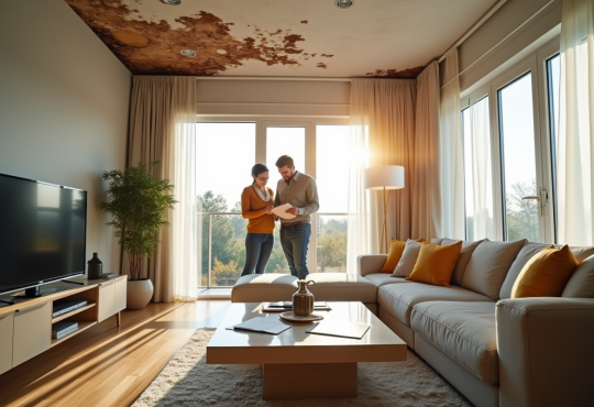 Salon moderne avec des traces d'humidite au plafond